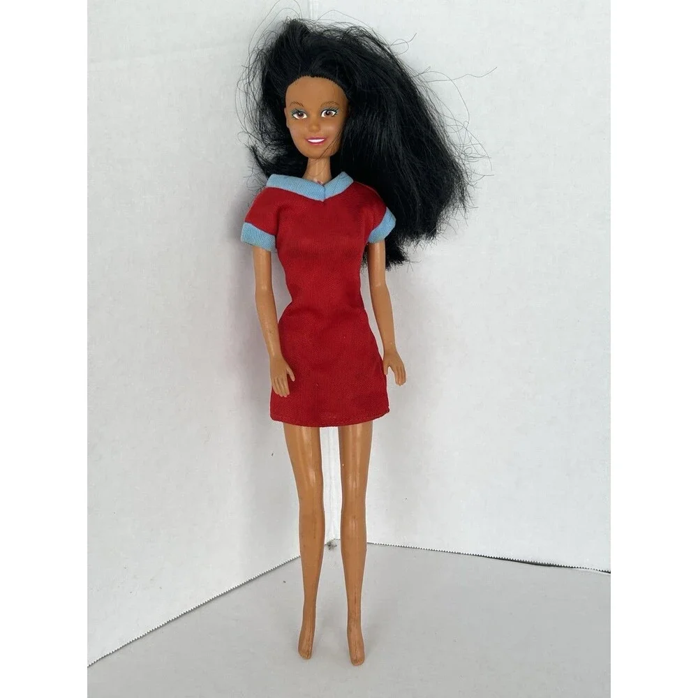 Vintage 1993 Totsy Fashion Doll 11.5” Black Hair Brown Eyes Red Dress
